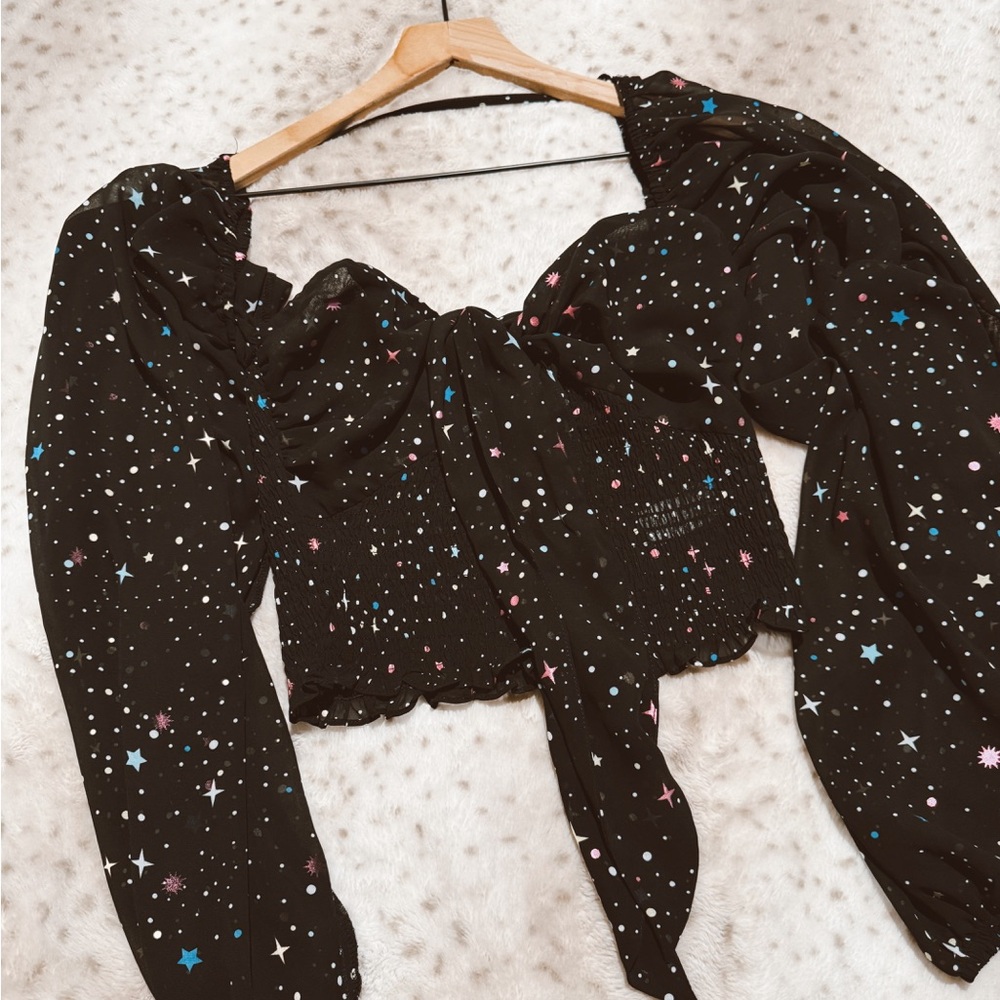 Buddy Love Black Crop Blouse with Puff Sleeves and Ruffled Tie Front